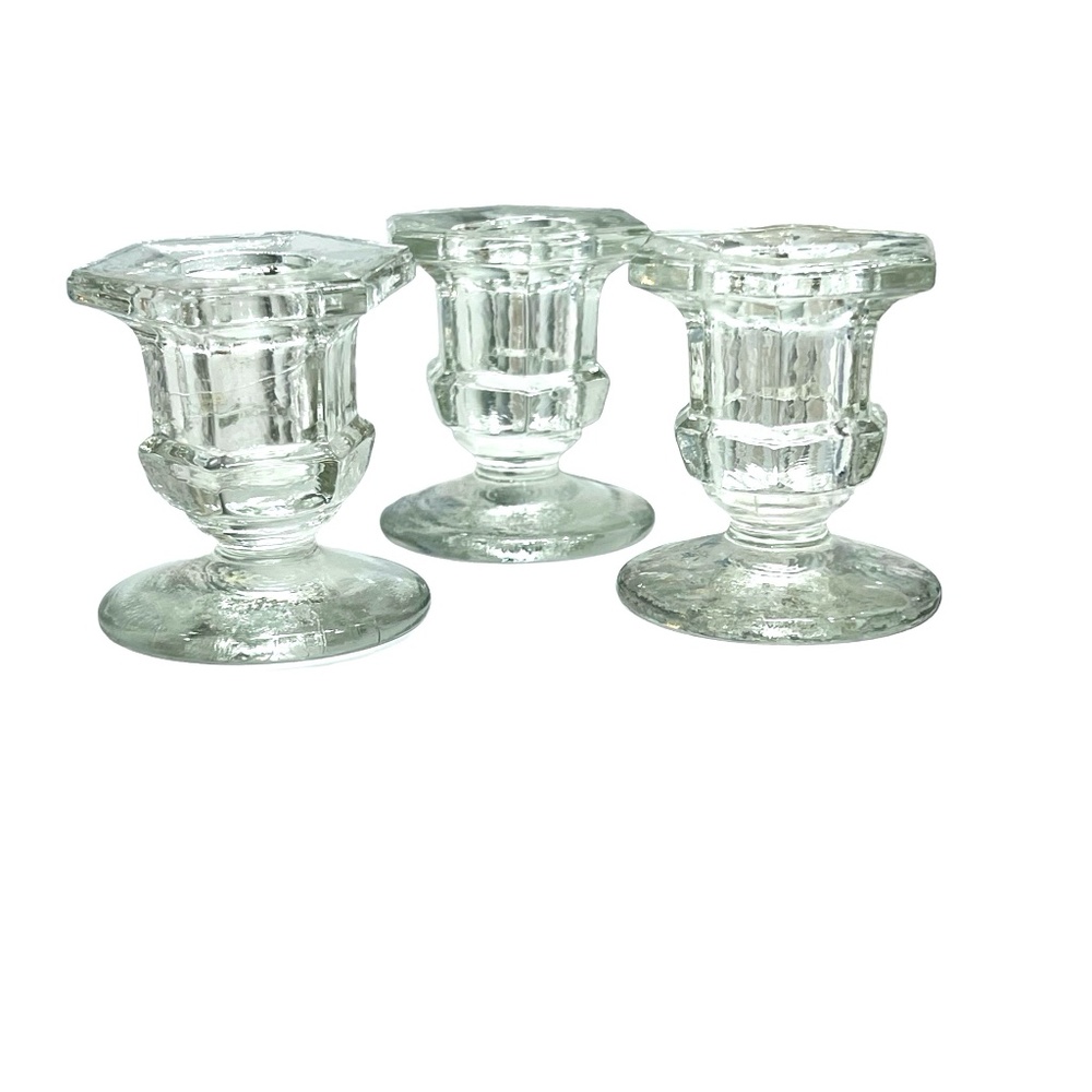 MOULDED/PRESSED CLEAR GLASS CANDLESTICKS - SET OF 3